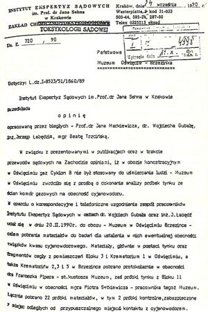 First page of the September 1990 Krakow Expert Report on Auschwitz