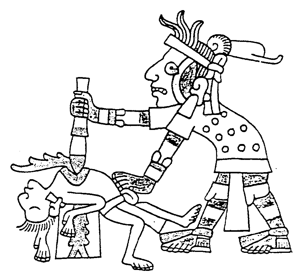 This contemporary Aztec drawing of a human sacrifice ritual shows a priest ...