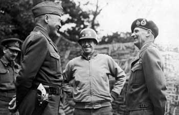 General Bernard Montgomery (right), with U.S. generals George Patton (left) and Omar Bradley, on July 7, 1944