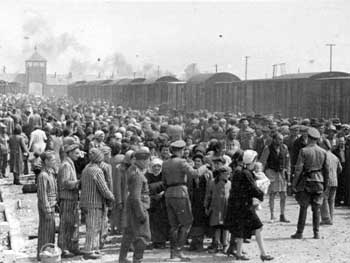 Some Hungarian Jews who have just arrived in Birkenau, apparently in late May or early June 1944