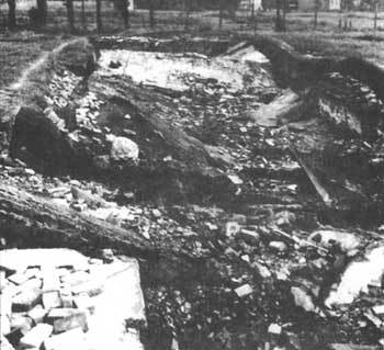 Ruins of the collapsed roof of the semi-underground morgue 1 of Birkenau <em>Krema</em> II