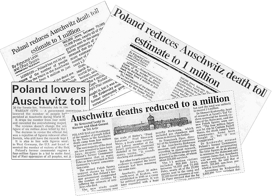 Newspaper clipping on change of Auschwitz death toll, summer 1990