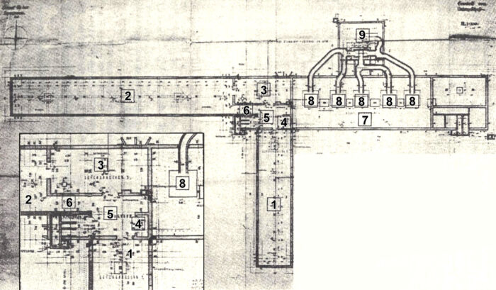 Original blueprint of the basement of Crematorium II and III, mirror-symmetrical, Auschwitz-Birkenau