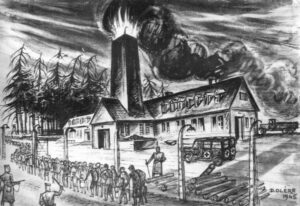 David Olère, charcoal drawing of Crematorium II, Birkenau