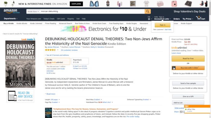 Amazon’s sales page for the Morcans’ attempt at debunking revisionist research, and as an inset Carlo Mattogno’s rebuttal (cover art of the second, post-censorship edition with slightly changed title and pen name)