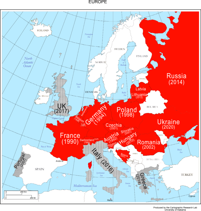 Map of Europe, with countries outlawing dissent on the orthodox Holocaust narrative in red,with the year given when each country introduced its law. (Grey: dissent conditionally illegal.)