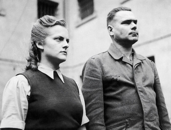 Irma Grese, shown in detention with Josef Kramer, with signs of his torture.