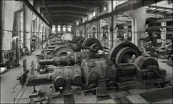 Monowitz, near Auschwitz: Machinery inside a factory at the I.G. Farben chemical complex.