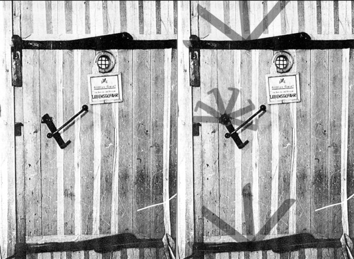 Illustrations 10a&b: “Gastight” door made of wood, with peephole and protective grid, and “sealed” with felt strips, used for a fumigation chamber at the Auschwitz Camp