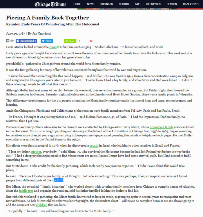 Jan Crawford, 'Piecing a Family Back together,' Chicago Tribune, 20. June 1987