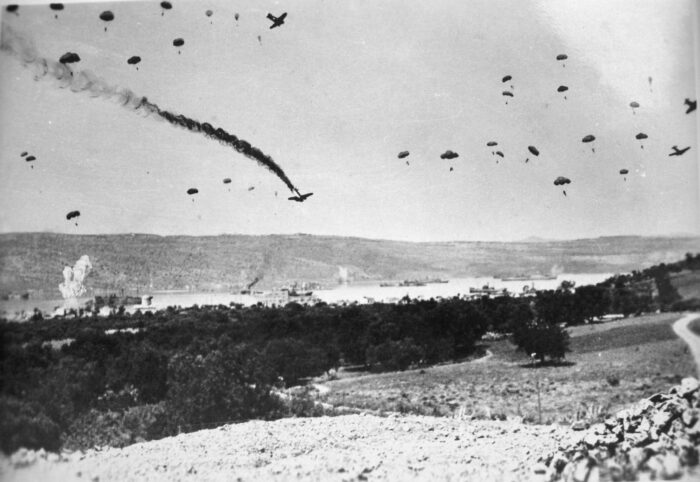 Scene from the Battle of Crete: German paratroopers invade.