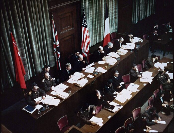 Judges’ bench during the tribunal at the Palace of Justice in Nuremberg