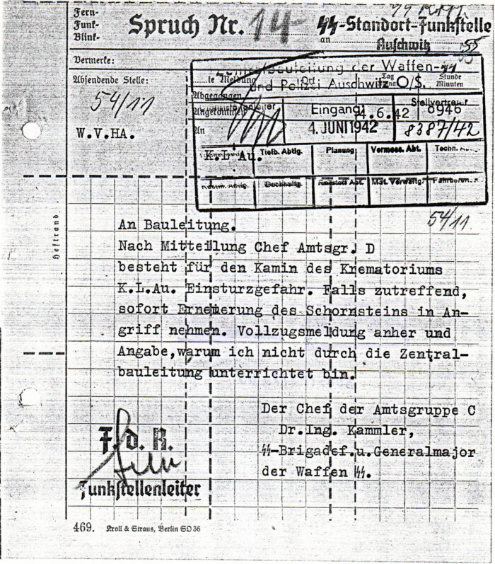 Document 1: Radio message no. 14 received by SS-Standort-Funkstelle at Ausch­witz on June 4, 1942. RGVA, 502-1-312, p. 55. Typical layout of German messages intercepted and deciphered by the British.
