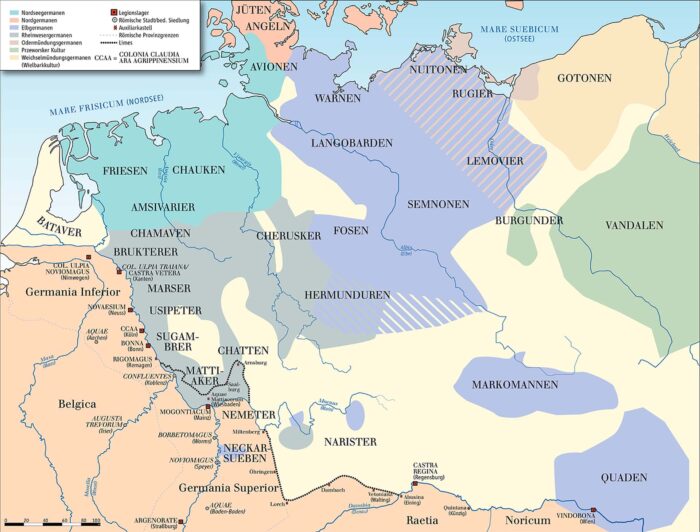 Illustration 1: Map of Central Europe around 50 A.C., showing the rough settlement areas of several Germanic tribes.