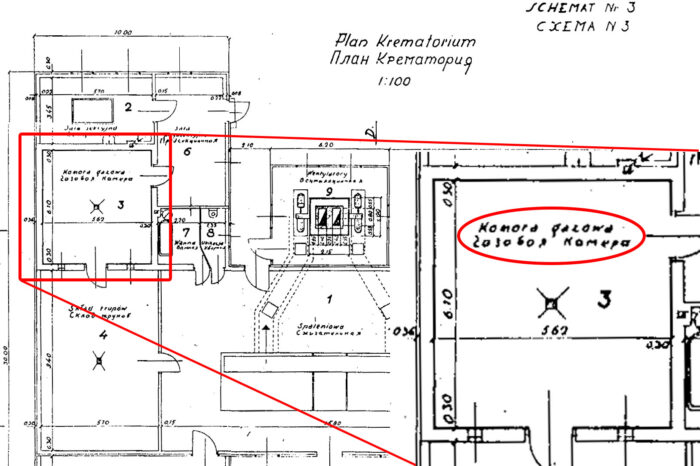 Section of the Majdanek crematorium’s floor plan, drawn by a Soviet-Polish investigative commission at war’s end. The morgue is labeled as 'komora gazowa' – gas chamber