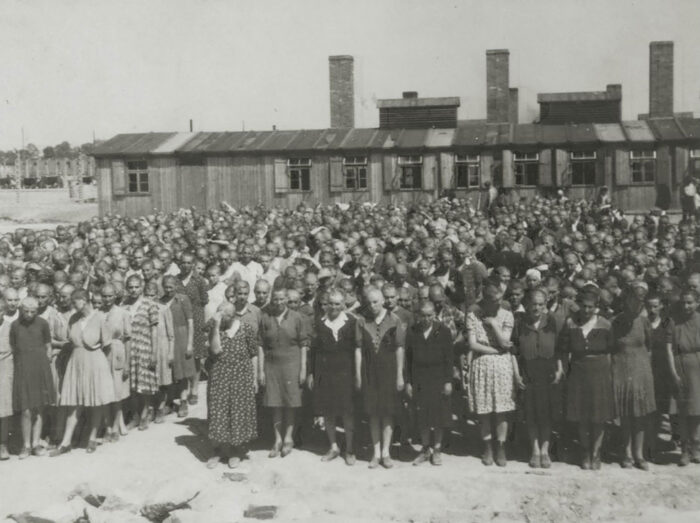 Jewesses from Hungary at Auschwitz, lined up to receive instructions, after their initial admission to the camp, including shaving of heads and showering (Auschwitz Album).