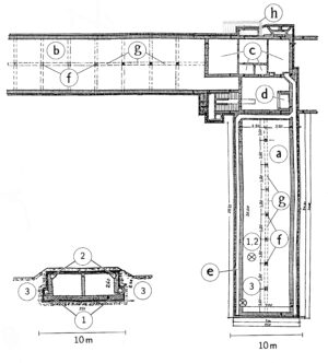 Construction drawing of basement level of Crematorium II, Auschwitz-Birkenau