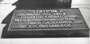 Memorial plaque in the remains of the former hygiene building of Sachsenhausen Camp