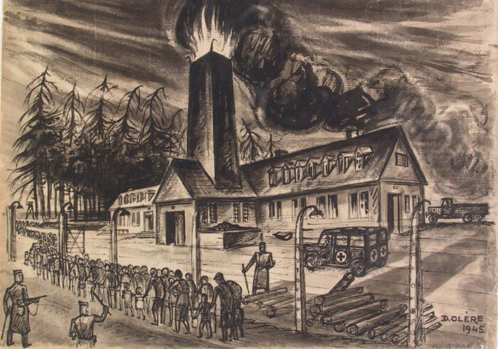 Charcoal drawing by former Auschwitz inmate David Olère, showing a flame-and-smoke-belching crematorium chimney.
