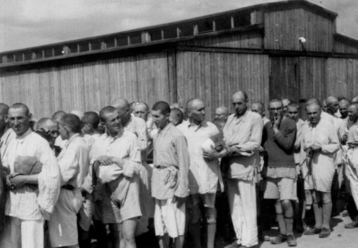 Jewish males from Hungary at Auschwitz, after haircut, shower and issuance of inmate clothes. (Auschwitz Album)