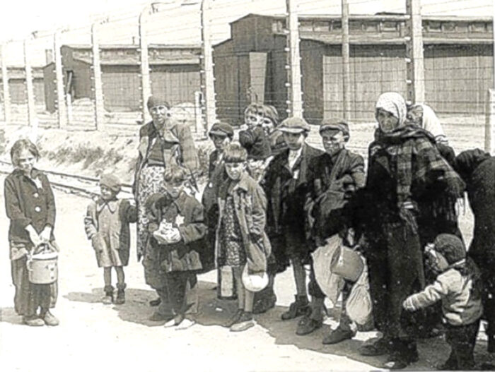 Jewish females with children from Hungary at Auschwitz, neither shorn nor in inmate clothes, but carrying their luggage, awaiting further “processing.”. (Auschwitz Album)