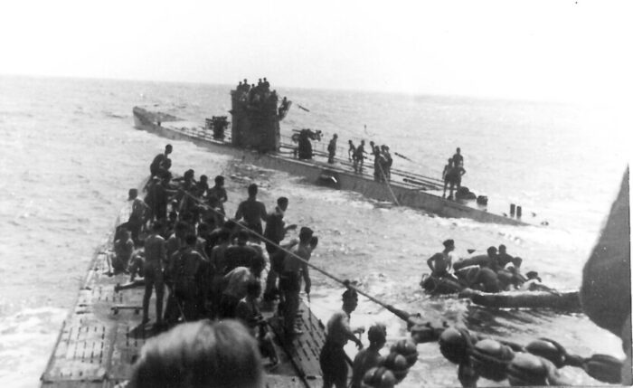U-156 (foreground) and U-507 pick up Laconia survivors on 15 September, three days after the attack