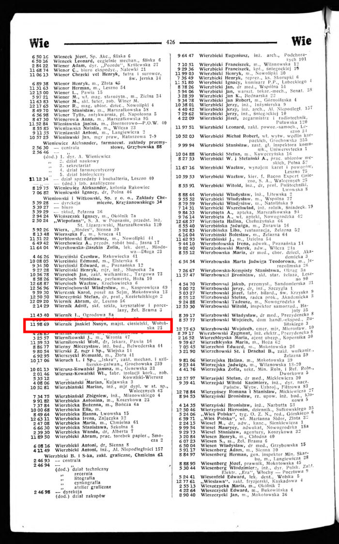 Warsaw Phone Book 1939, with entry of Jankiel Wiernik