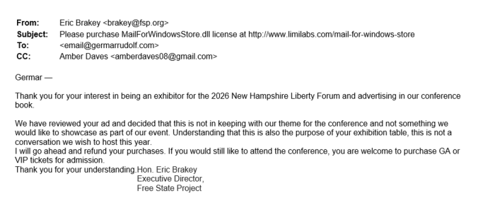 Eric Brakey, Free State Project, Cancellation Email