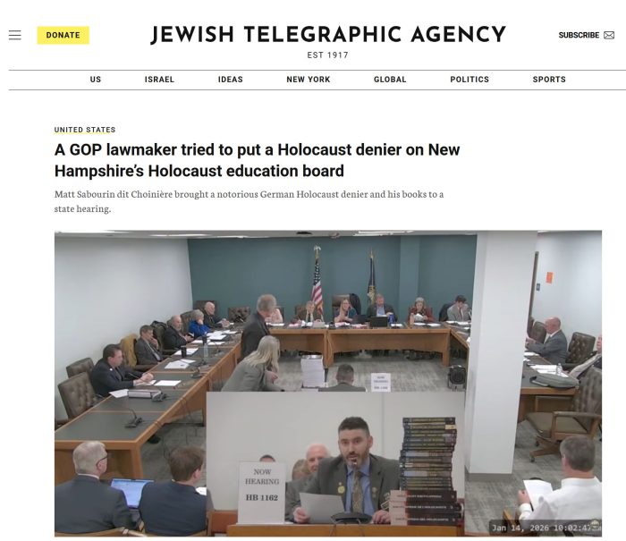 Jewish Telegraph Agency, article on CODOH, April 30, 2026