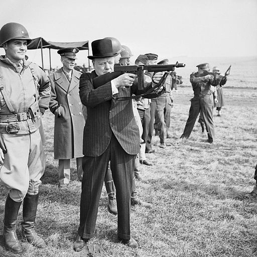 Winston Churchill firing tommy gun