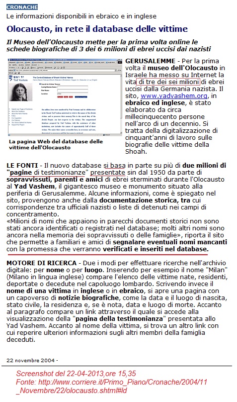Article in Corriere della Sera, with “promise” regarding Yad-Vashem data