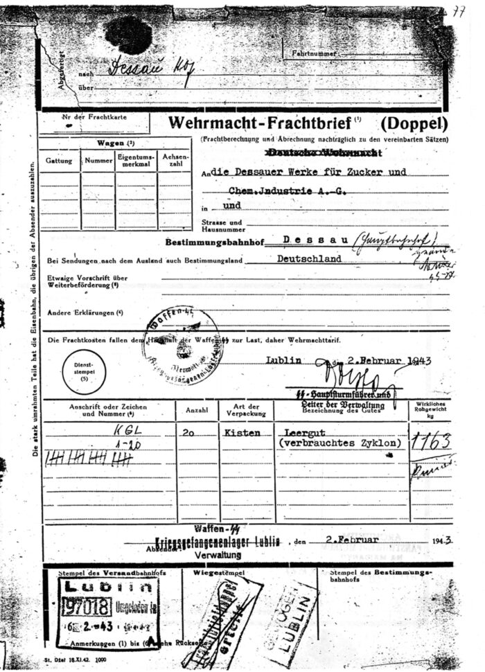 Document 17: German Army waybill for the return of spent Zyklon-B cans