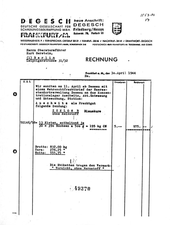 Document 9: Invoice for the delivery of 195 kg HCN as Zyklon B
